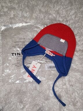 TINY Colorblock Earflap Hat for Kids - Red, Blue & Gray